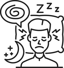 Insomnia line icon of hematology, anemia symptom, physical disease. Vector outline insomnia, sleeplessness, sleep disorder sign of tired and exhausted man lying on pillow and trying to falling asleep