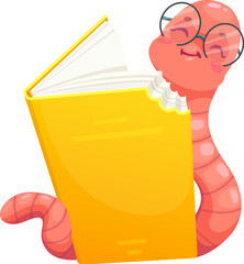 Cartoon funny bookworm character eating book, vector worm in glasses. Happy bookworm in eyeglasses eating book and smiling, kids education or school student worm character for education emoji emoticon