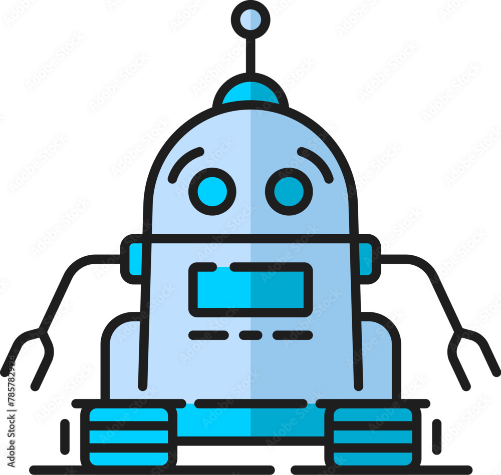Poster Futuristic virtual bot, game humanoid droid, alien retro robot line color icon. AI robot, robotic technology droid or industry future machine, artificial intelligence bot outline vector symbol or icon