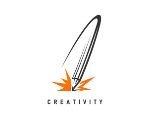 Creative idea pencil icon for creativity and graphic design studio, vector emblem. Pencil comet and idea burst explosion line icon for creative innovation, advertising agency or architect designer