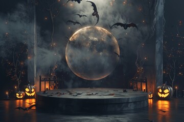 Stage With Pumpkins and Bats - obrazy, fototapety, plakaty