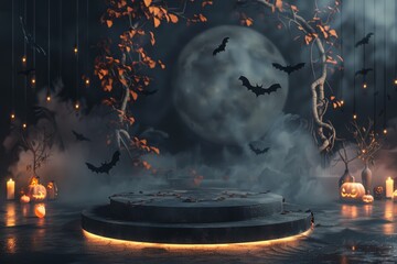 Spooky Halloween Scene With Candles and Bats - obrazy, fototapety, plakaty