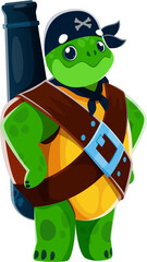 Cartoon turtle animal gunner pirate or corsair character with cannon on its shell. Isolated vector swashbuckling tortoise sailor personage with a wide smile, ready for daring sea adventures and fight