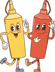 Cartoon retro mustard and ketchup bottles groovy characters. Isolated vector funky personages duo, add flavor and flair to nostalgic condiment adventure. Funny vintage hippie mustard and tomato sauce