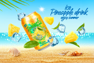 Pineapple ice drink, fruit juice can with cubes on summer beach background. Vector 3d pineapple slices, ice and green leaves with realistic tin can of tropical fruit soft beverage, sand beach and palm - 785782973