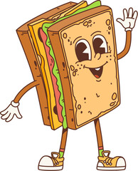 Cartoon retro sandwich groovy character or funky fast food, vector comic personage. Happy groovy sandwich toast with funny smiling face and Hi hand gesture, 70s hippie or hipster fastfood cartoon art