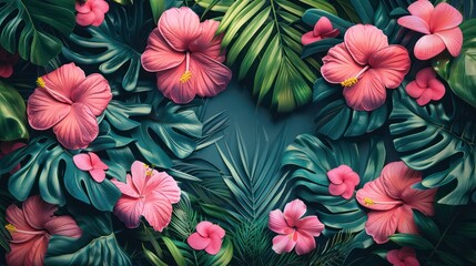 tropical leaf background with green and pink color decoration
