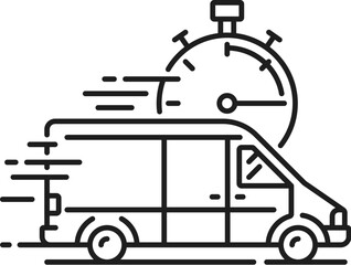Delivery time line icon for logistics of order shipping service, vector pictogram. Logistics supply chain and delivery app icon of courier van with stopwatch for fast express delivery service app