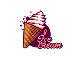 Chocolate ice cream in waffle cone icon for gelato dessert or gelateria, vector emblem. Soft ice cream in wafer cone with sweet chocolate syrup drops for Italian gelato and ice cream shop or cafe menu - 785783138