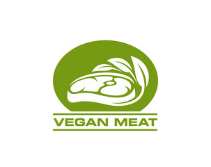 Vegan meat steak icon of vegetable beef with green leaf, vegan cuisine vector symbol. Healthy organic vegan meat steak or soy food product package emblem for eco grocery store or vegan menu