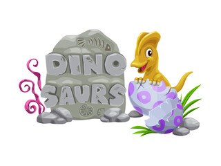 Cartoon dino kid with egg, funny dinosaur character. Isolated vector cute baby dino sitting in broken egg shell and text dinosaur on stone plate. Lovely newborn child dragon, jurassic era cute monster