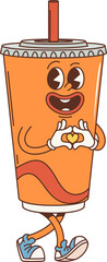 Cartoon retro soda drink groovy character or funky fast food beverage, vector comic personage. Happy groovy soda drink cup with love heart hand gesture, 70s hippie or hipster fast food character