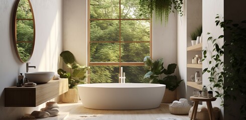 View of minimal bathroom interior design with white ceramic bathtub, wood counter and white sink, and wood stool decorated with many indoor plants near big windows. Generative AI. - obrazy, fototapety, plakaty