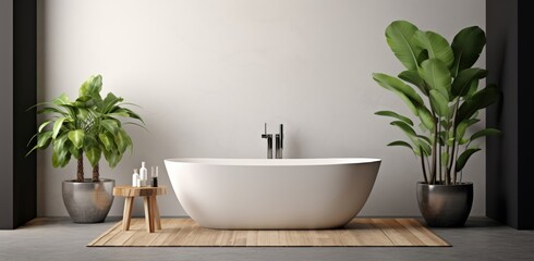View of minimal bathroom interior design with white ceramic bathtub, wood counter and white sink, and wood stool decorated with many indoor plants near big windows. Generative AI.
