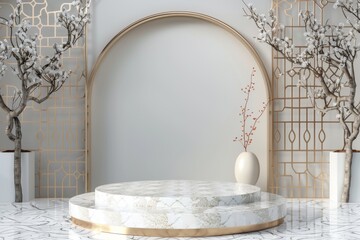 White Marble Table With Gold Accents and Vases