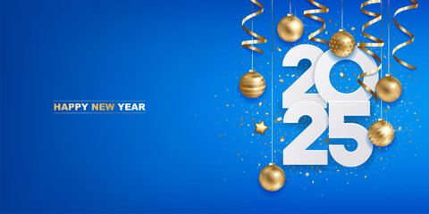 Happy new year 2025. White paper numbers with golden Christmas decoration and confetti on a blue background. Holiday greeting card design.