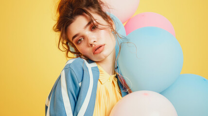 Naklejka premium Colorful party concept featuring a girl surrounded by helium balloons, symbolizing fun and joy.