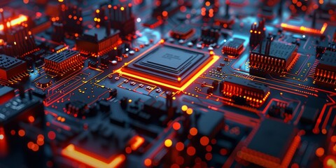 A computer chip with a red glow