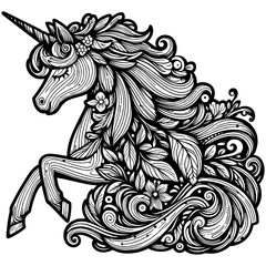 Unicorn head with a beautiful mane, wood texture. Coloring book. Vector, generative ai.