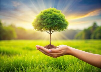 Fototapeta na wymiar Girl hand holding tree on blur green nature background. concept eco earth day