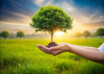 Girl hand holding tree on blur green nature background. concept eco earth day