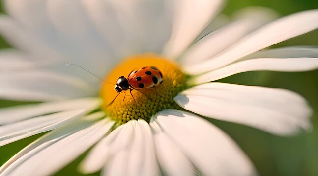 Macro View of a Ladybug on a Chamomile Flower in a Golden Summer Landscape