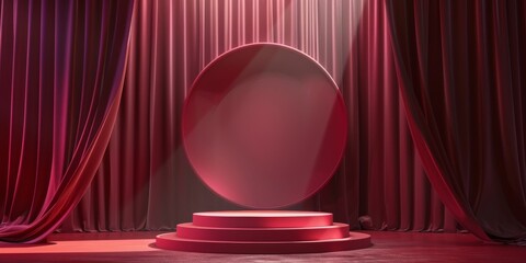 Round Object on Pedestal in Front of Red Curtain