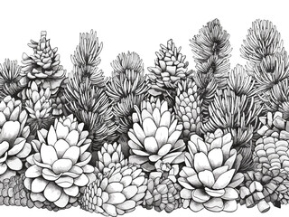 Graphic cones drawn in line art style. Raster pattern Conifer cone and flowers. Coloring page adults and kids. Illustration, generative ai.