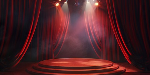 Stage With Red Curtain and Stage Lights - obrazy, fototapety, plakaty