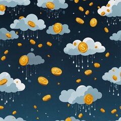 money rain, coins falling from the clouds on a dark background