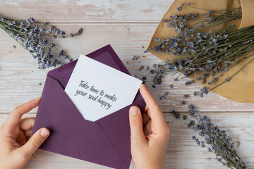TAKE TIME TO MAKE YOUR SOUL HAPPY text on supportive message paper note reminder from green...