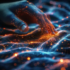 Fototapeta premium The five fingers touching the wavy sand dune particles glow brightly against the dark background. Abstract concept of technology innovation connected digital cyberspace.