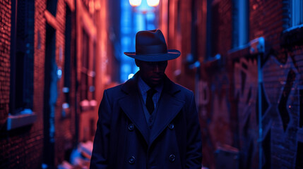 A smoothtalking black man strolls down a deserted alleyway the sharp lines of his fedora and trench coat reminiscent of old cinema detective films. Yet the neon signs and graffiti .