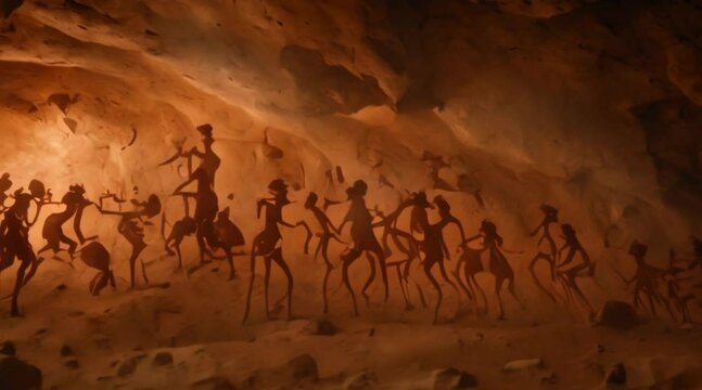 Close-up of ancient cave paintings illuminated by flickering torchlight.
