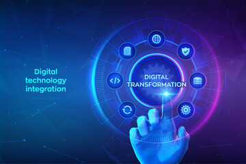 Digital transformation. Digitization of business processes modern technology concept on virtual screen. Disruption, innovation solutions. Hand touching digital interface. Vector illustration