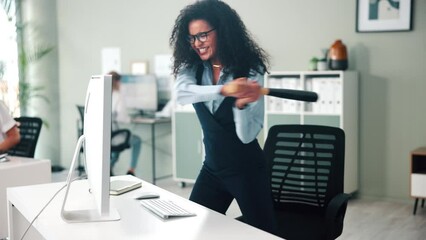 Baseball bat, smash and business woman with computer in office for frustration, stress and mistake. Angry, fail and professional person hitting technology desktop with sports equipment in workplace.