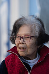 Over ninety years old, a senior citizen of Okinawan (Ryukyuan) looks animated in a candid photo while talking happily with her daughter and grandson.