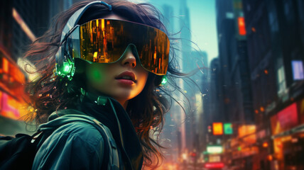 Stylish woman in trendy VR glasses reflecting multicolored lights of cyberpunk cityscape