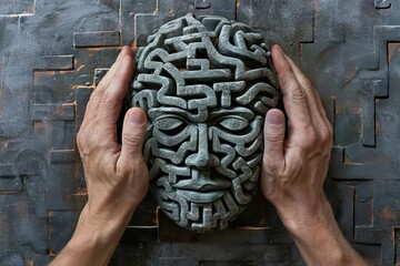 adhd mind maze hands holding confused human head depicting mental health struggles digital art - obrazy, fototapety, plakaty