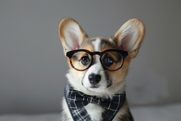 adorable corgi puppy wearing oversized glasses and necktie humorous animal portrait - obrazy, fototapety, plakaty