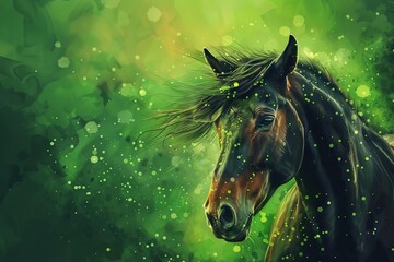 adorable horse on vibrant green background festive st patricks day animal portrait digital illustration - obrazy, fototapety, plakaty