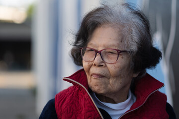 A senior Asian woman with a slight smile, looking off into the distance. She is over ninety years...