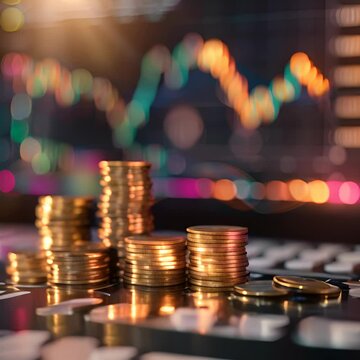 Stacks of gold coins with a glowing stock market graph in the background.