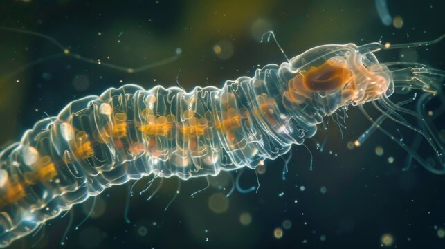 A closer look at a microscopic transparent worm revealing its and tiny beating heart as it glides through the water.