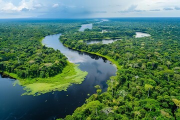Fototapeta na wymiar aerial view of the lush amazon river and tropical rainforest landscape