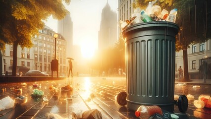 A garbage can with waste remains around it on the side of a city street planted with trees at sunset - obrazy, fototapety, plakaty