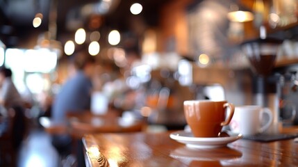 An outoffocus image capturing the cozy atmosphere of a cafe with blurred hints of baristas diligently brewing fresh coffee and the rich aroma of caffeine in the air. .