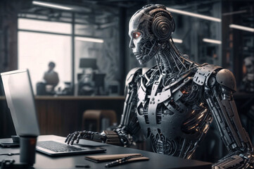 humanoid robot working in modern office. Concept of artificial intelligence.