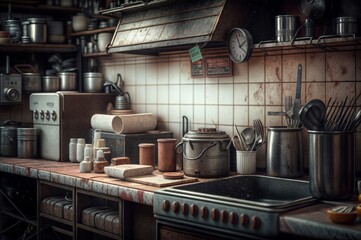 Kitchen interior with utensils. Vintage style toned picture
