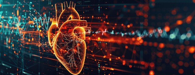 Futuristic human heart with data visualization lines, representation, 3d created with AI